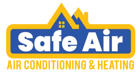 A logo for "Safe Air" featuring a blue house with yellow outlines and a yellow chimney above the text "Safe Air" in bold white letters on a blue background. Below, in yellow text, it reads "Air Conditioning & Heating.